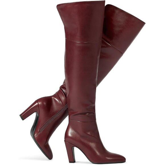 Women BurgundyFaux Leather Chunky Heel Side Zipper Thigh High Over the Knee Boot - Picture 1 of 5